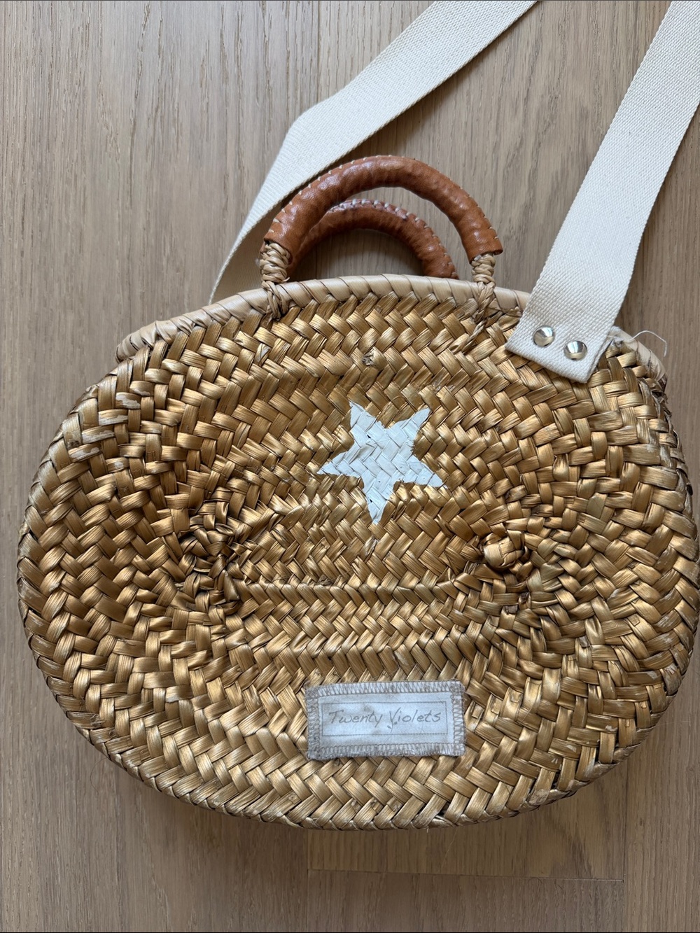 Round Woven Straw Crossbody Bag, Matte Gold